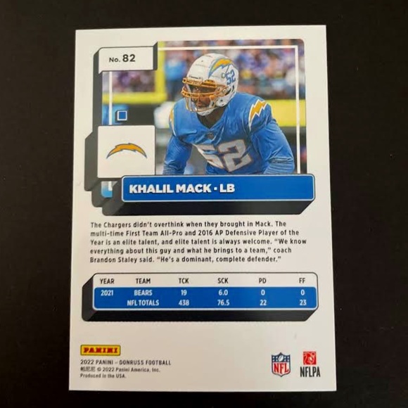 Khalil Mack: Los Angeles Chargers, Linebacker 2022 Panini Donruss Football #82 - Picture 2 of 2